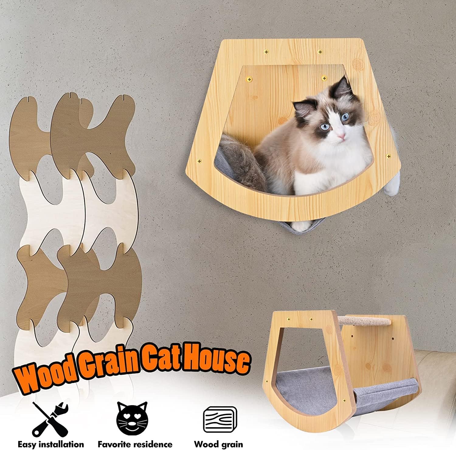 Cama para gatos montada en la pared, muebles de madera para gatos, casa de gato, perca para gatos, árbol de gato, estantes para gatos (ventilador)