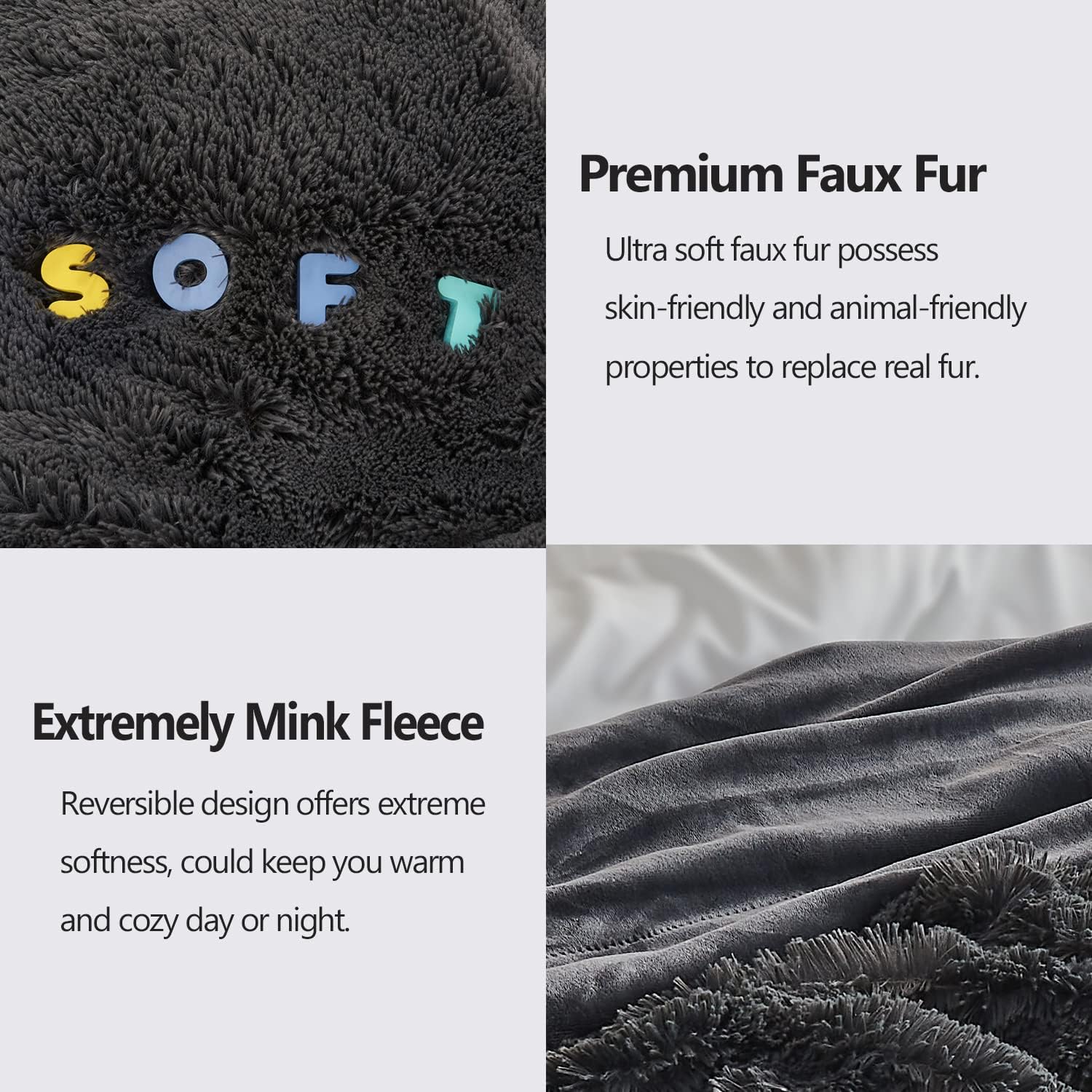 GONAAP Manta mullida de piel sintética tamaño Queen, color gris oscuro, súper suave y acogedora manta lanuda para sofá o cama (gris oscuro, Queen
