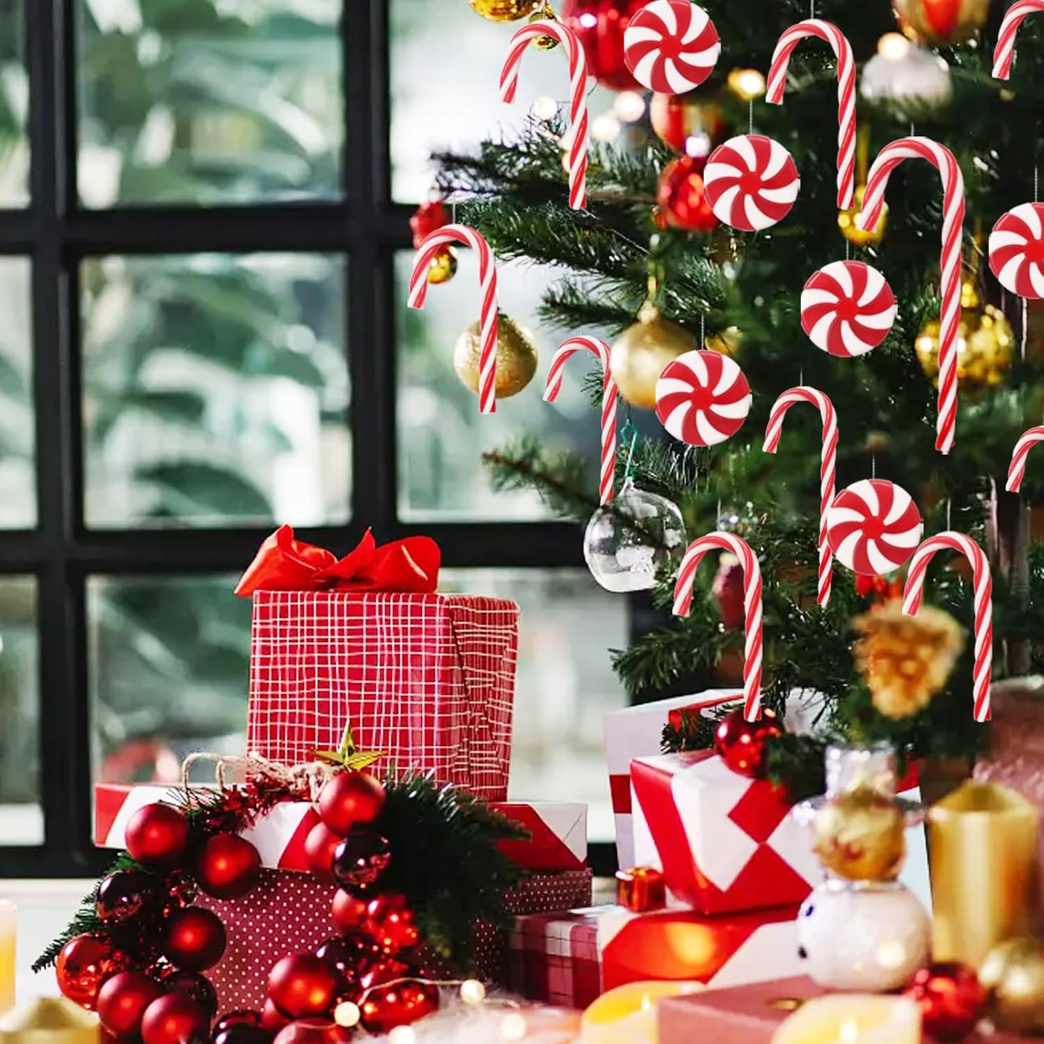 48 adornos de bastón de caramelo, adornos colgantes de Navidad, decoraciones de árbol de Navidad, adornos de plástico para muletas trenzadas para