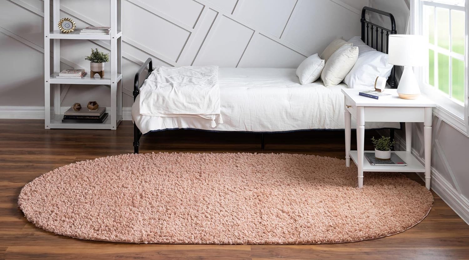 Rugs.com Zermatt Shag Collection – Alfombra ovalada de 5 x 8 pies, color rosa polvoriento, perfecta para salas de estar, comedores grandes, planos