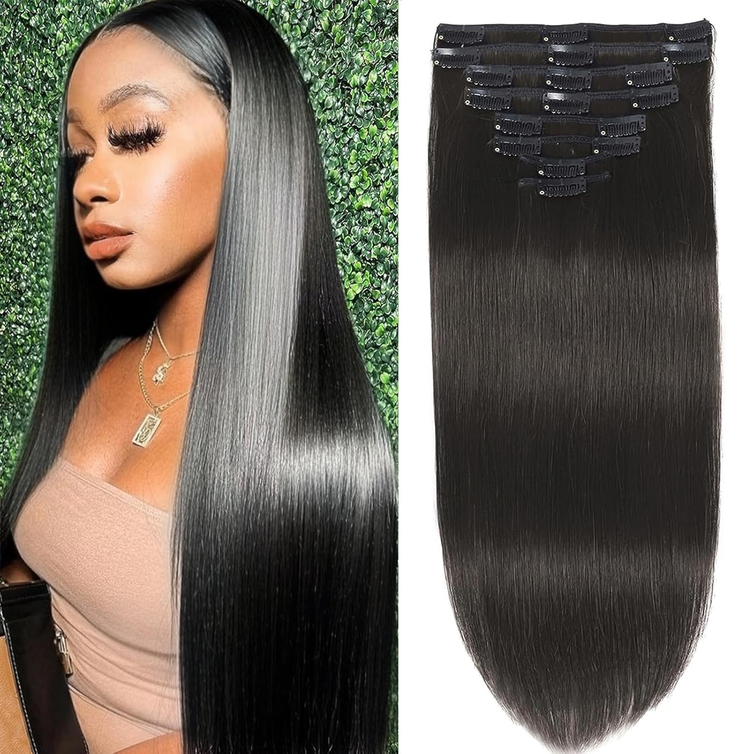 Extensiones de cabello humano con pinzas, 100% Remy, 8 piezas por juego, con 18 clips, extensiones de cabello lacio color negro natural, doble