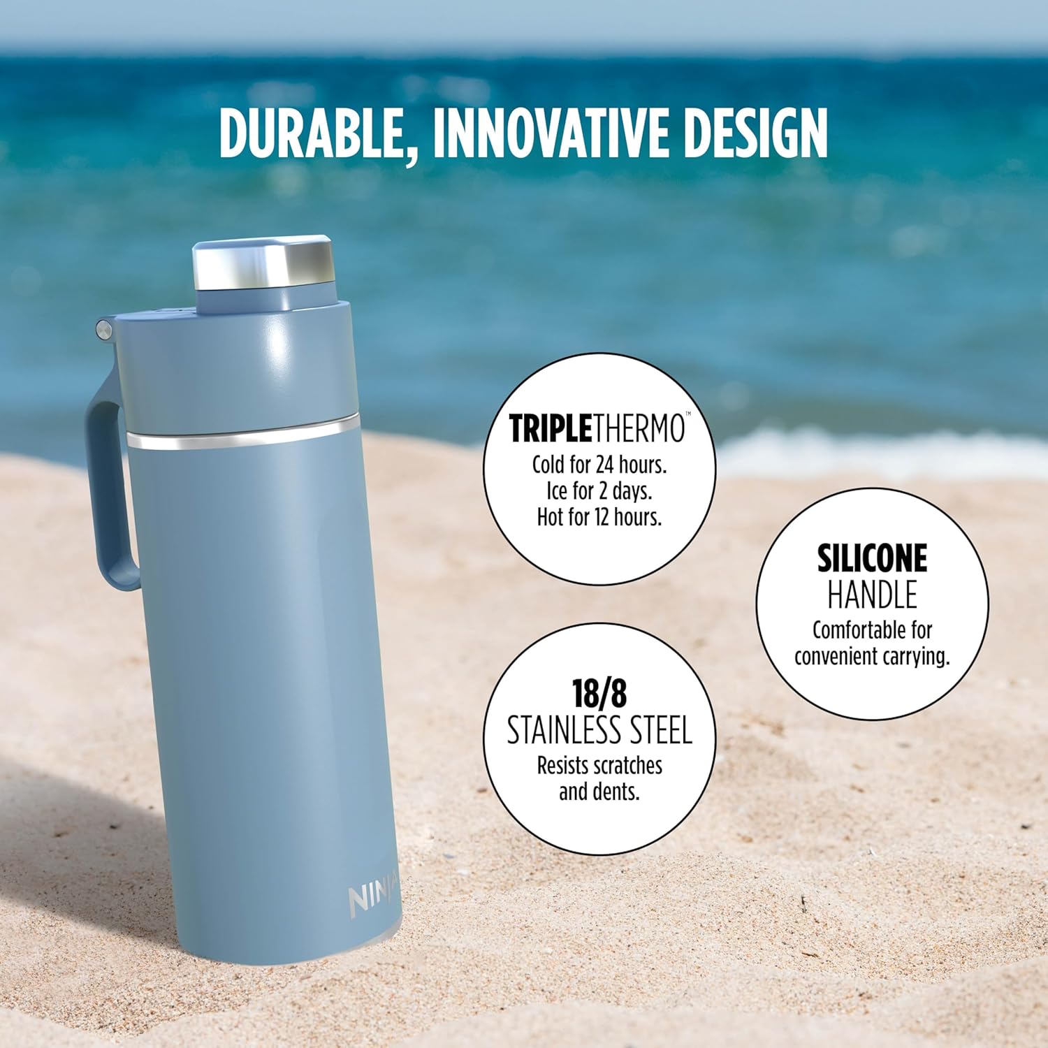 Ninja DW2401BL Thirsti – Botella de agua de viaje de 24 onzas, para bebidas gaseosas carbonatadas, más frías y espumosas durante más tiempo, a