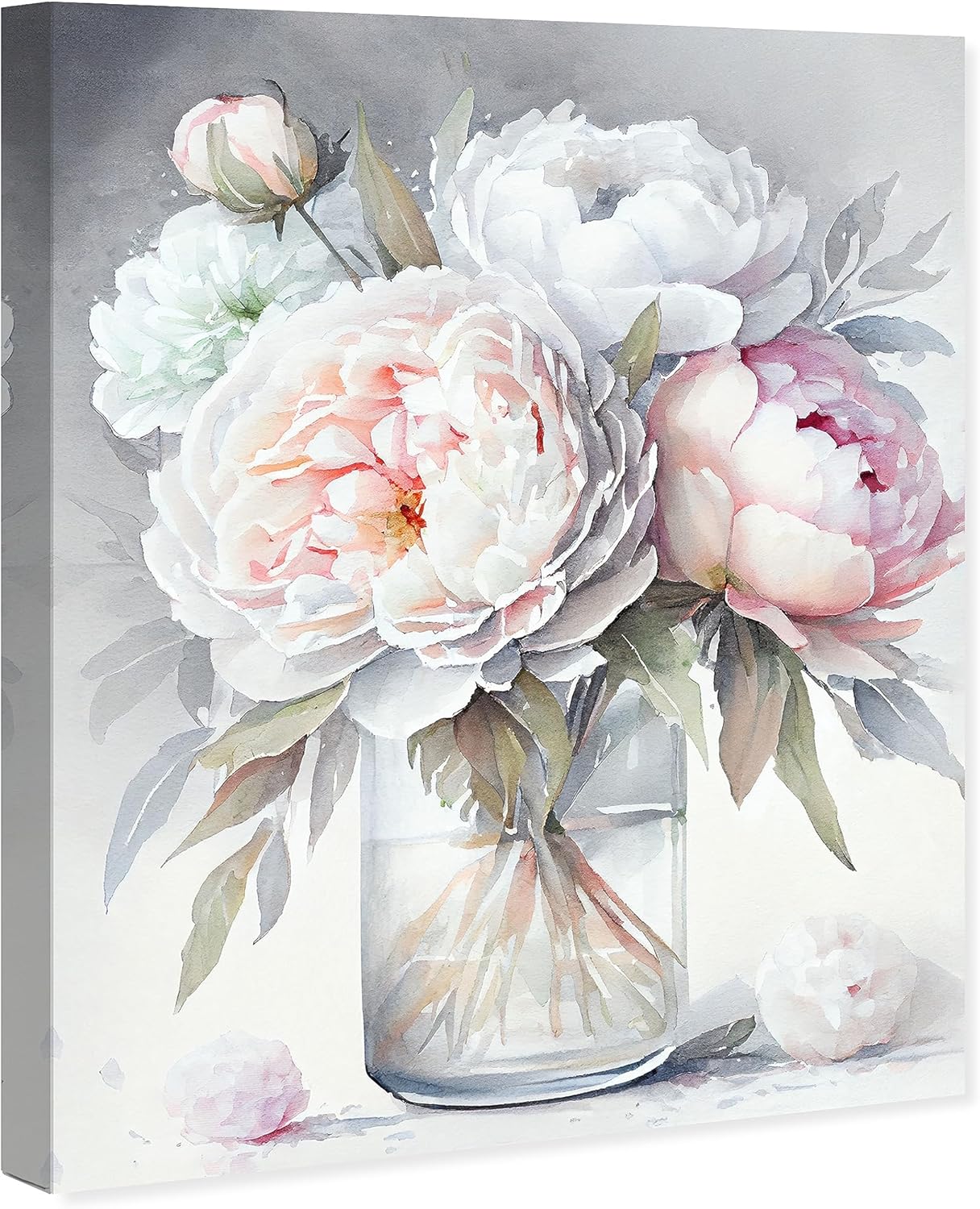 Wynwood Studio Arte en lienzo tradicional envuelto floral y botánico, florero de peonía, arte de pared para sala de estar, dormitorio y baño, 20 x