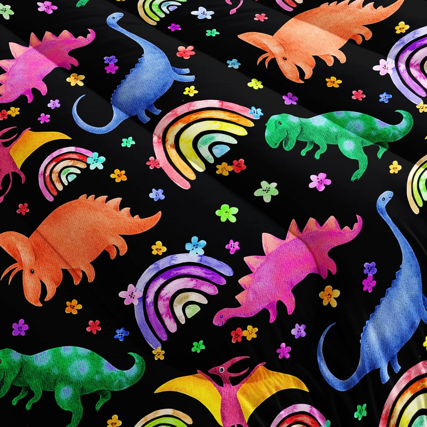 Juego de edredón de dinosaurio arcoíris para niños, colorido juego de ropa de cama para niños, edredón de dinosaurio de dibujos animados con flores
