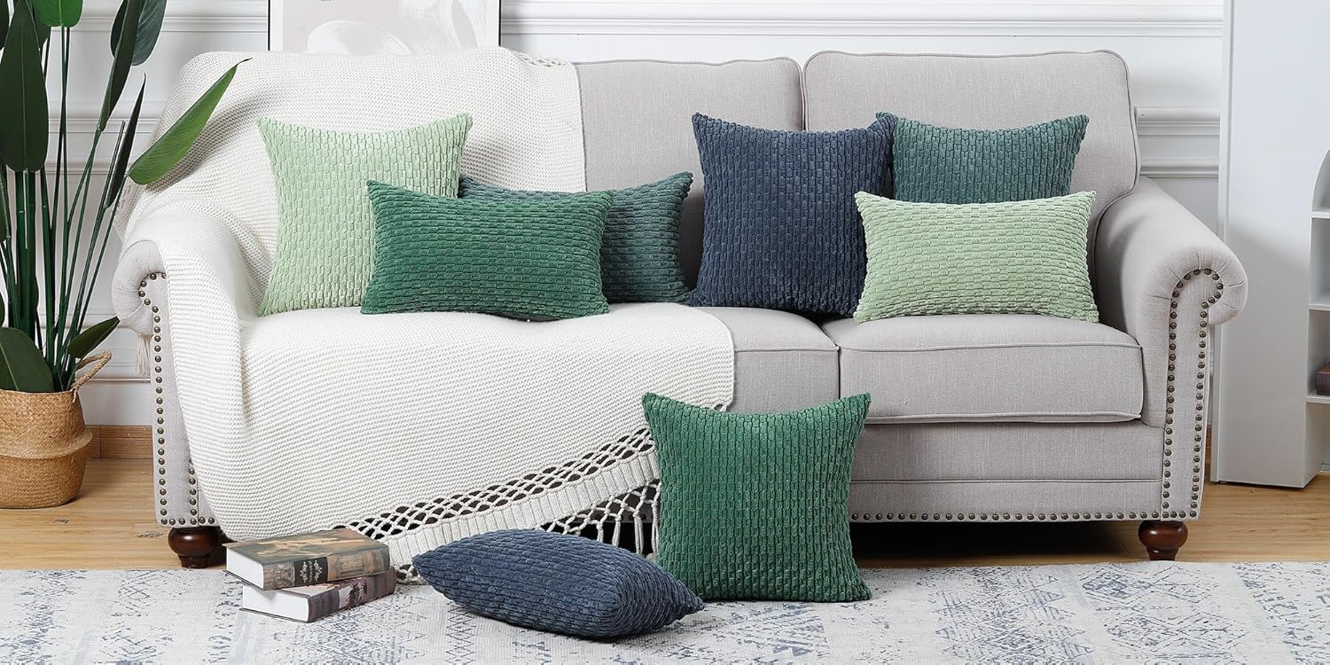MADIZZ Paquete de 2 fundas de almohada de pana a rayas bohemias de 14 x 14 pulgadas, fundas de cojín decorativas suaves de color verde oscuro para