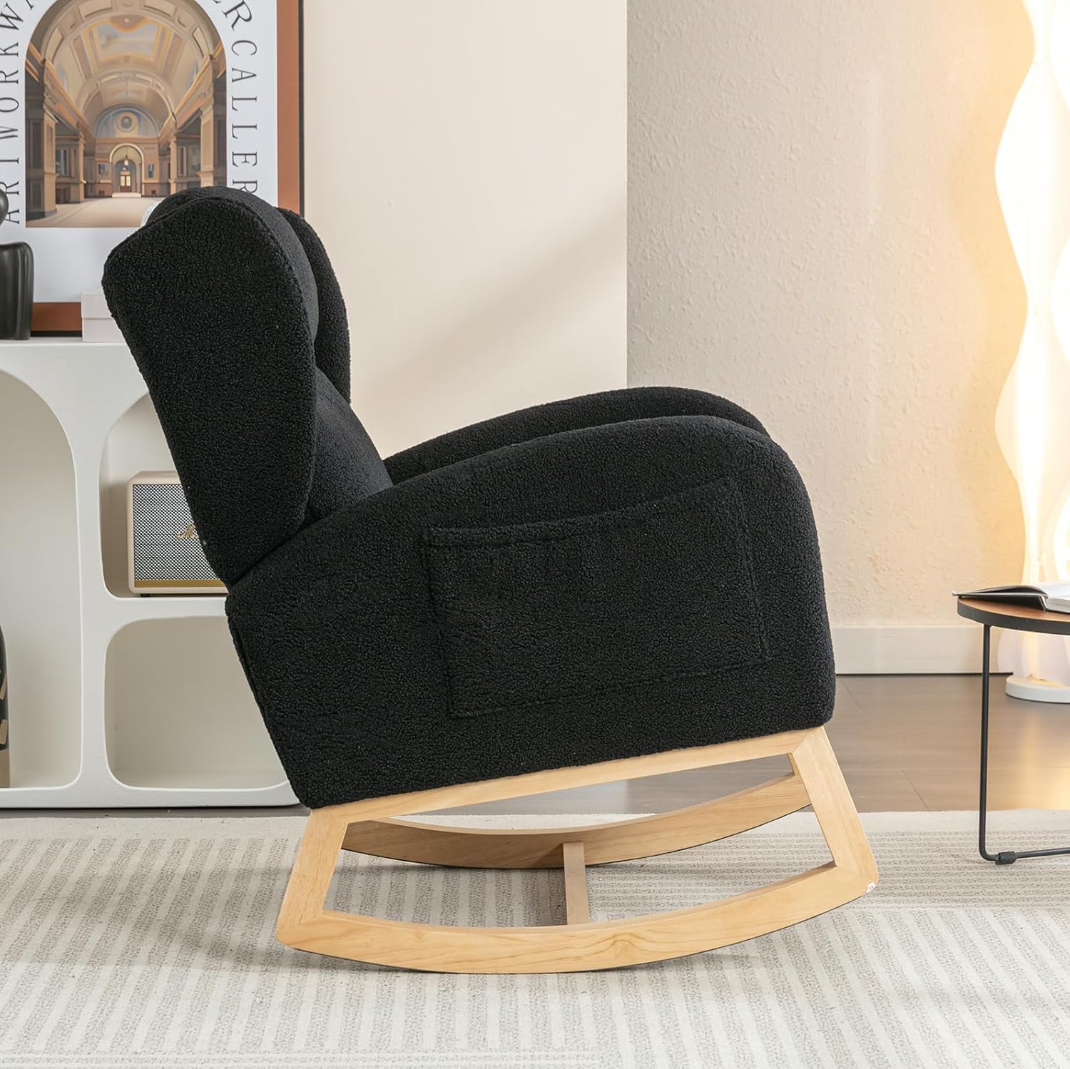 Mecedora de peluche para guardería, silla mecedora tapizada con bolsillo, silla moderna con respaldo de ala, cómoda silla de lectura con patas de