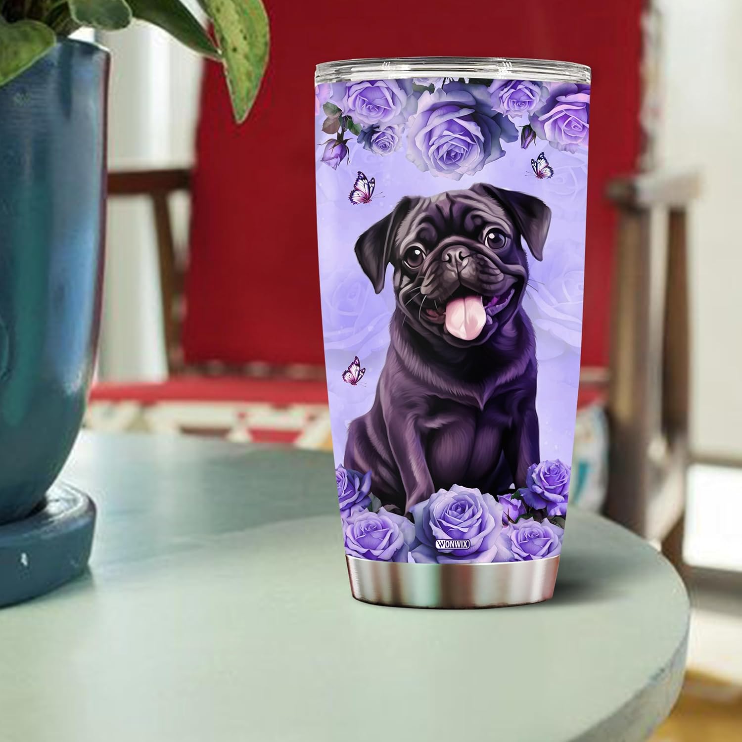 WONWIX Regalos personalizados con temática de pug para mujeres, taza de café, vaso térmico de 20 onzas con aislamiento de acero inoxidable con tapa,