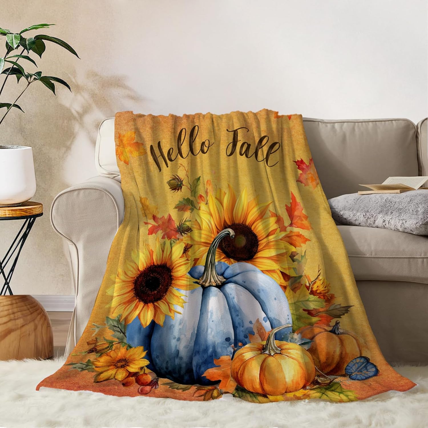 YeeJu Manta decorativa de otoño, color naranja, Acción de Gracias, otoño, lindas calabazas, hojas, girasoles, sofá, cama, sala de estar, suave,