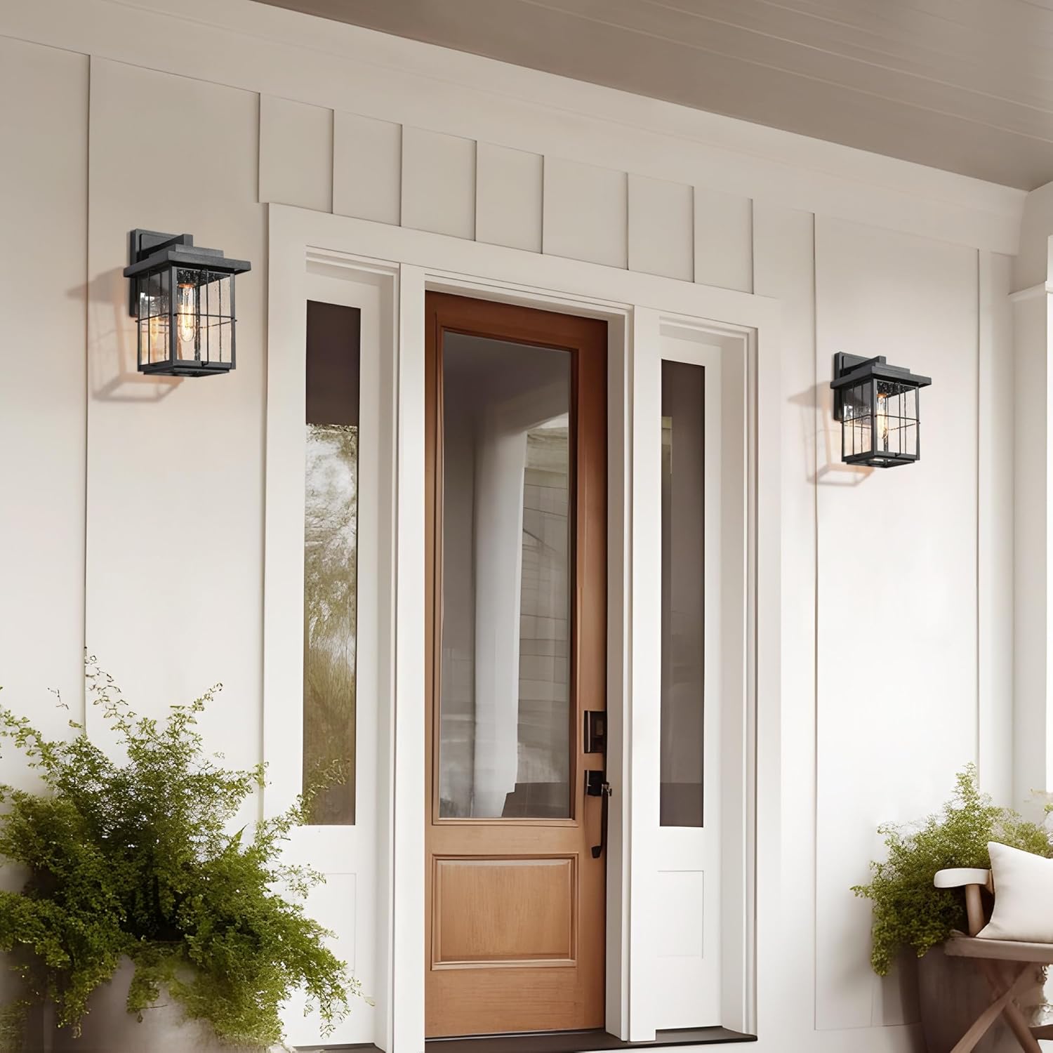 Paquete de 2 lámparas de pared negras para exteriores, apliques de pared exterior de granja con vidrio semillado, linternas modernas impermeables