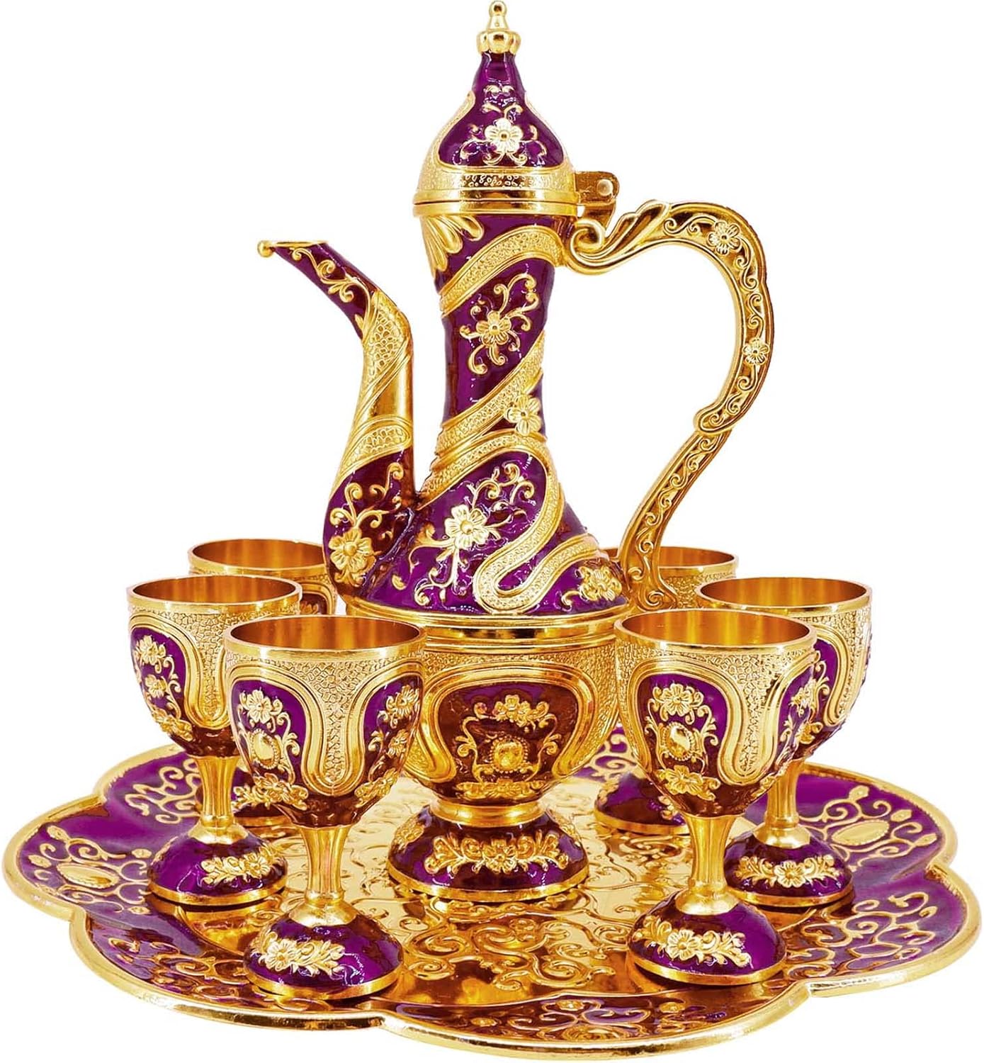 Juego de cafetera y tazas turcas vintage, juego de servicio de té que incluye tetera, bandeja de té y tazas de metal para decoración de gabinetes de