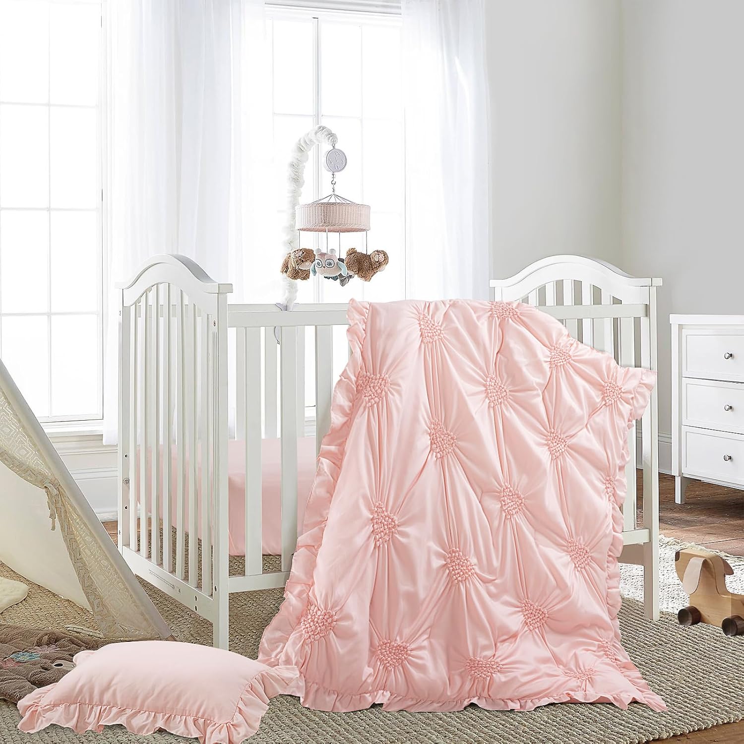 HOMBYS Juego de ropa de cama de 3 piezas para cuna, color rosa princesa, ultra suave, con volantes, para todas las estaciones