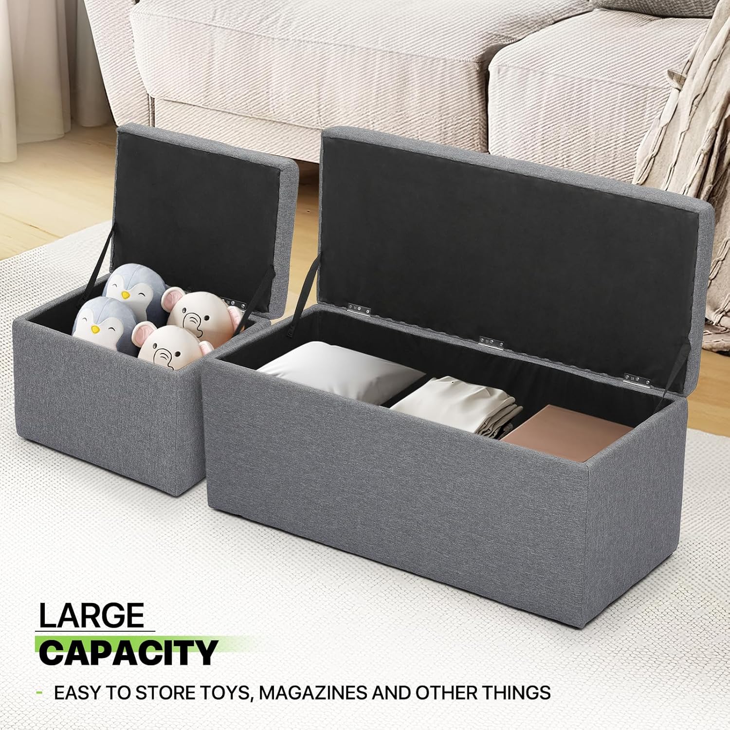 Magshion Banco otomano rectangular de almacenamiento, reposapiés copetudo con otomanas cubo, juego de 3 bancos para dormitorio, extremo de cama,
