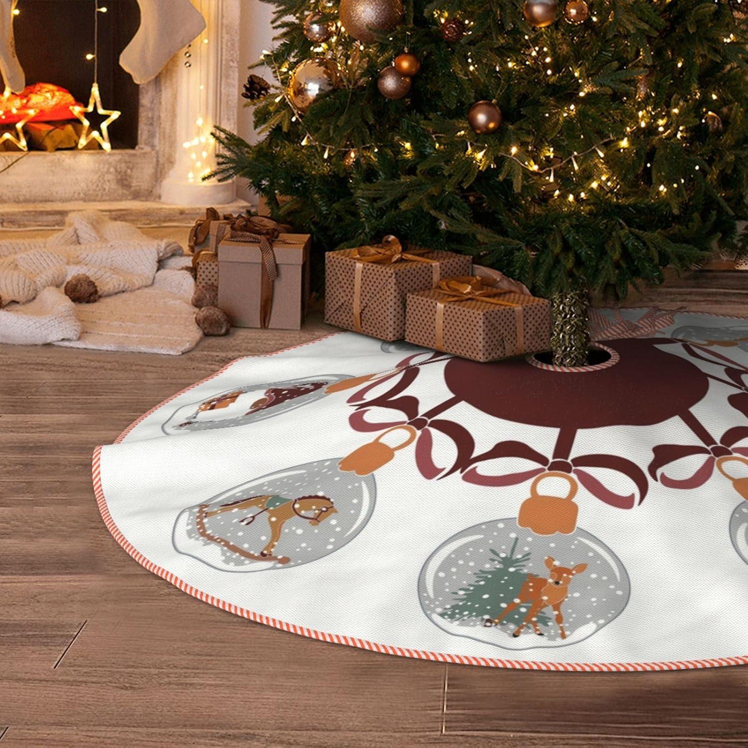 Yssammns Falda de árbol de Navidad, globos de nieve con muñeco de nieve, elfo, campanas, decoración de Navidad de ciervo, para fiestas de