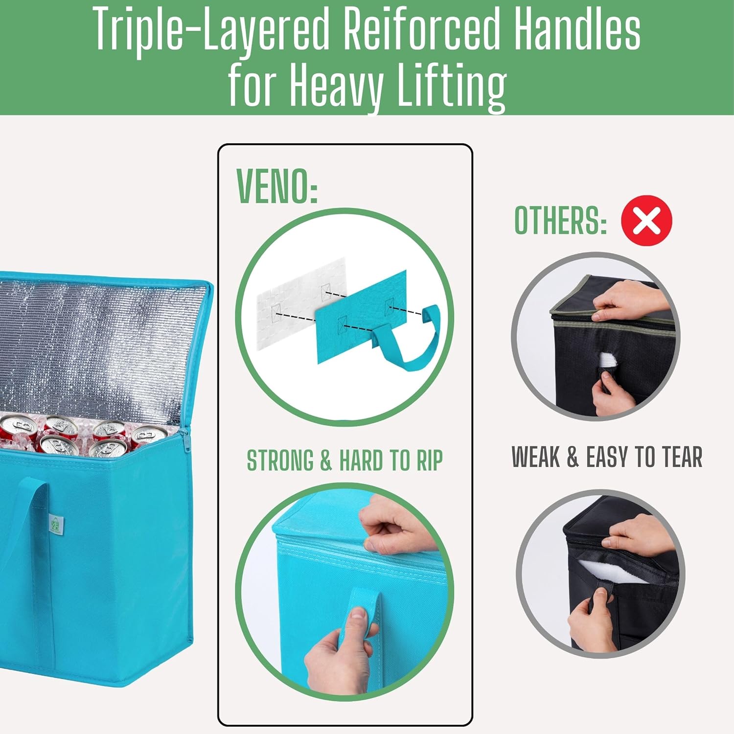 VENO Bolsas de comestibles reutilizables aisladas, bolsa de entrega de alimentos, duradera, resistente, grande, plegable, cremallera resistente