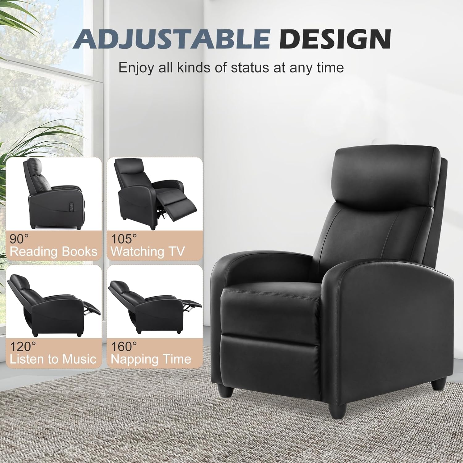 Sweetcrispy Silla reclinable para adultos, asiento reclinable pequeño de piel sintética para cine en casa con soporte lumbar, silla reclinable