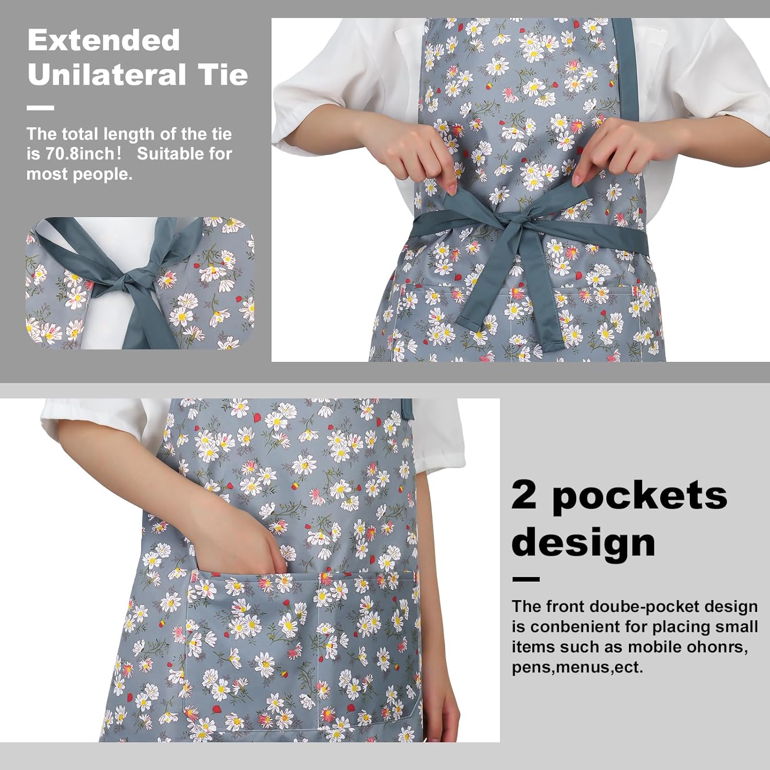 3 delantales florales Little Daisy, delantal impermeable para mujeres con bolsillos, delantal de cocina, delantal ajustable, delantal de chef suave
