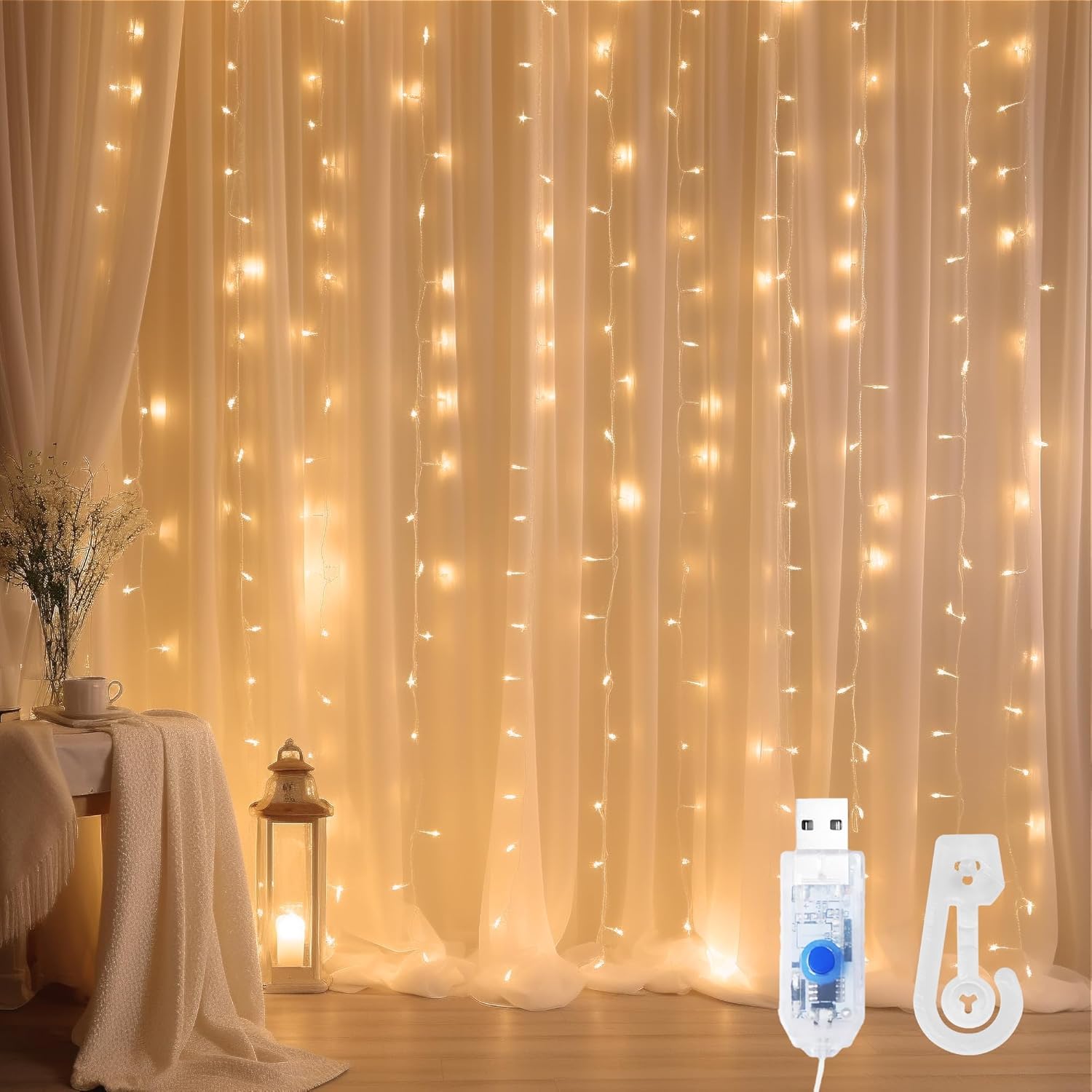 Guirnalda de 300 luces LED, 10 x 10 pies, cortina de ventana colgante con ganchos, 8 modos y luces de enchufe USB para dormitorio, interiores,