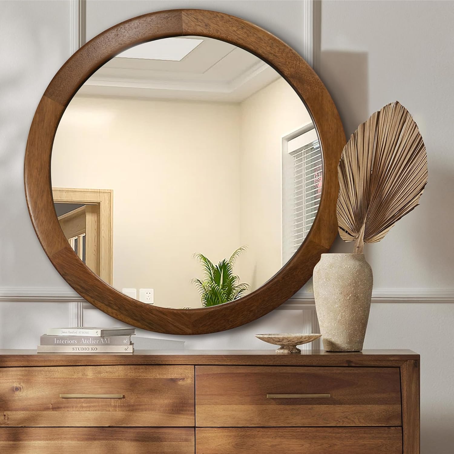 Espejo redondo de 36 pulgadas, espejo de pared templado de madera rústica para baño con marco de nogal, espejo circular de madera de granja para