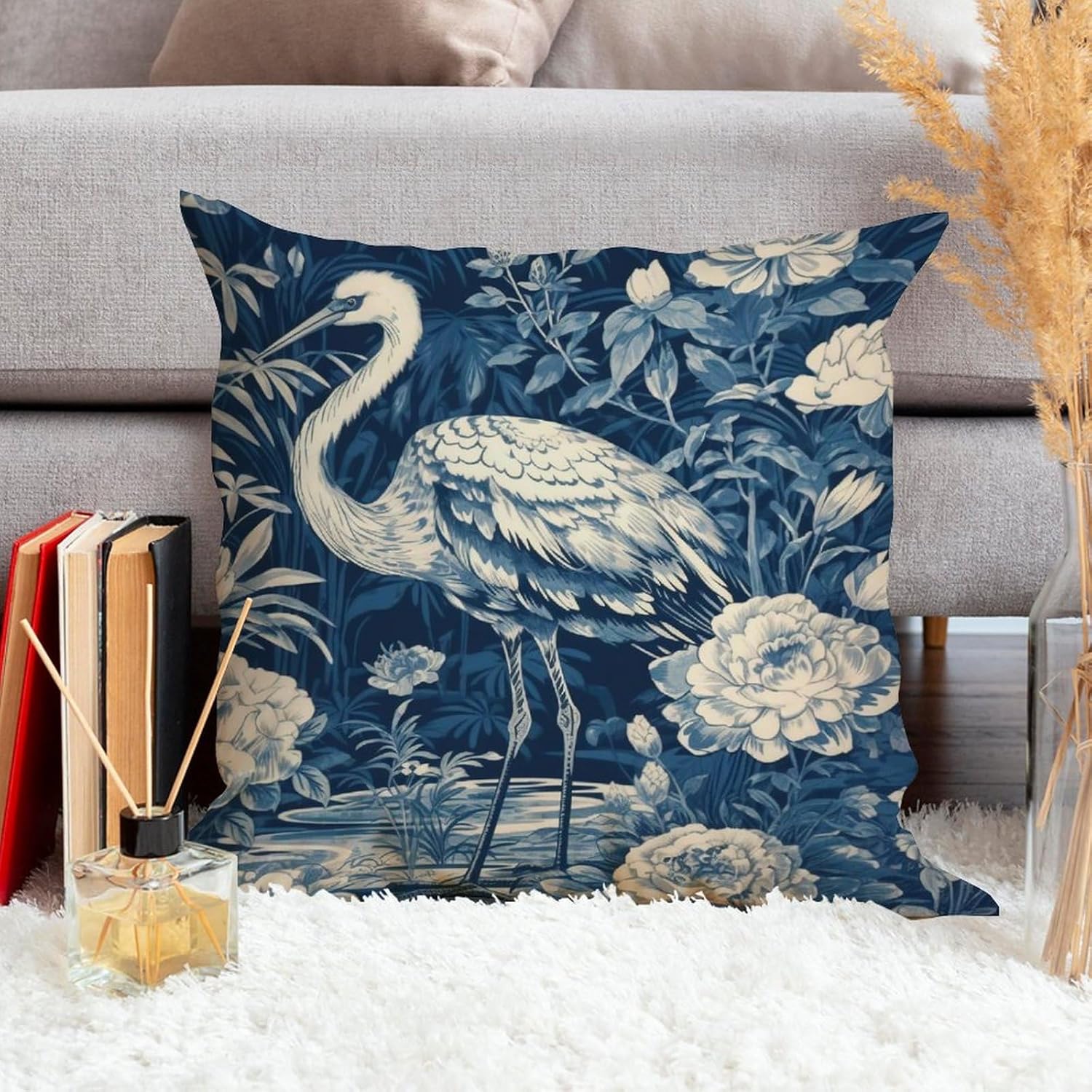 ArogGeld Chinoiserie – Funda de almohada decorativa con diseño de pájaro y pájaro azul con flores y pájaros asiáticos, fundas de cojín decorativas