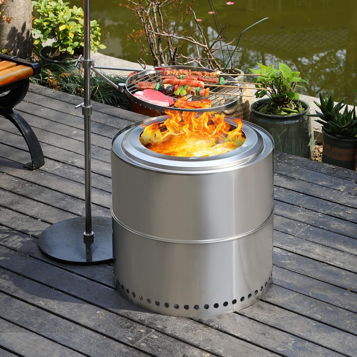 REDCAMP Parrilla giratoria para fogata con base resistente, parrilla portátil de acero inoxidable para barbacoa al aire libre para cocinar con llama