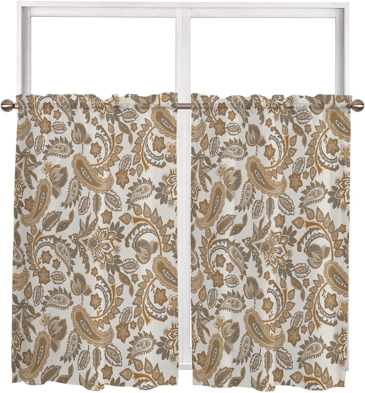 RisQiten Cortinas transparentes con estampado étnico de cachemira marrón para baño, juego de 2 paneles de 54 pulgadas de largo, cortinas de ventana