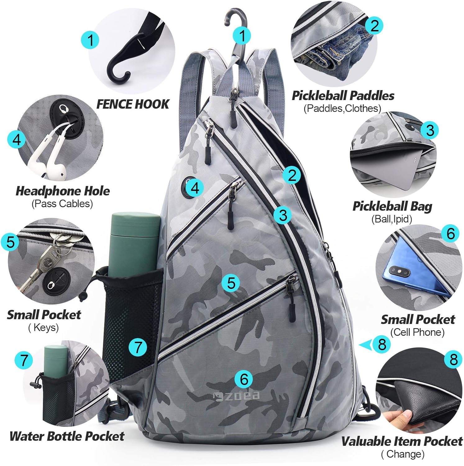 ZOEA Bolsa de pickleball ajustable con soporte para botella de agua, mochila de paleta de pickleball para hombres y mujeres