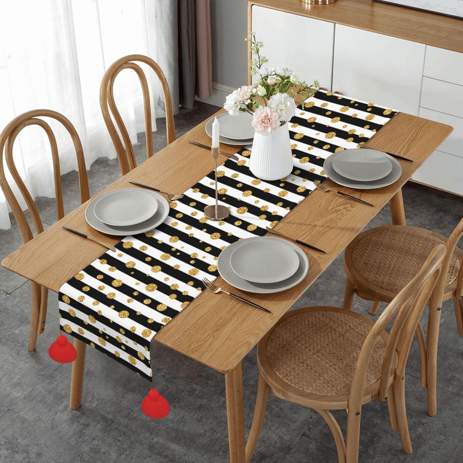 Striped Golden Polka Dots Christmas Table Runner Dining Table Decor Christmas Decorations Indoor Home Decor Christmas Table Runners Xmas Navidad