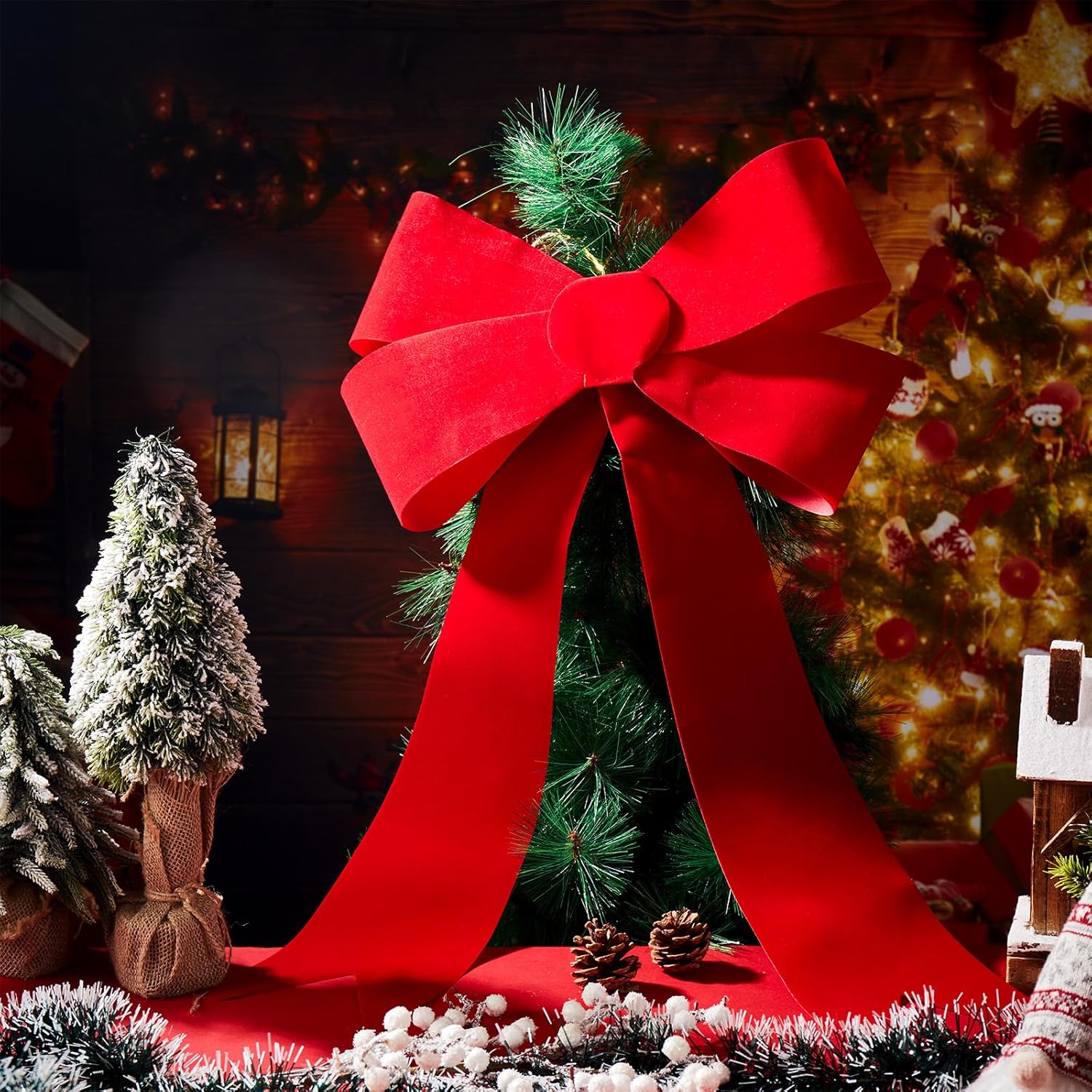 2 lazos grandes de terciopelo rojo de Navidad de 18 x 32 pulgadas, lazos decorativos de PVC de plástico para decoración de árbol de Navidad,