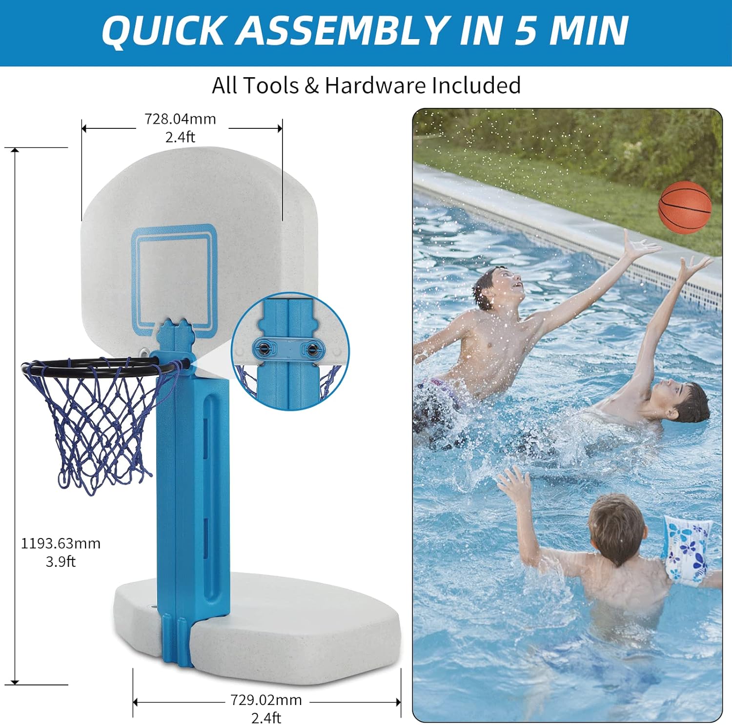 Blue Bay Juego de aro de baloncesto 2 en 1 junto a la piscina y voleibol para juegos de piscina enterrada, combo para piscina.