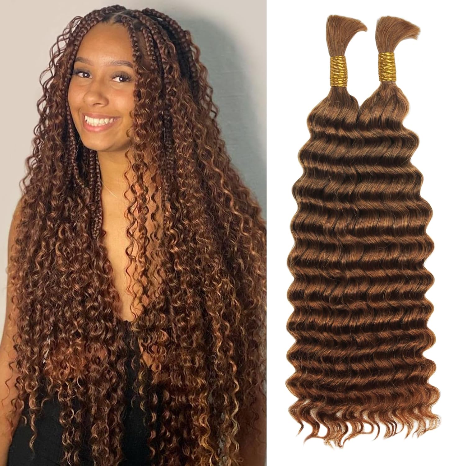 Cabello humano trenzado a granel, cabello humano virgen ondulado profundo, cabello trenzado para trenzas bohemias bohemias sin nudos, marrón, sin