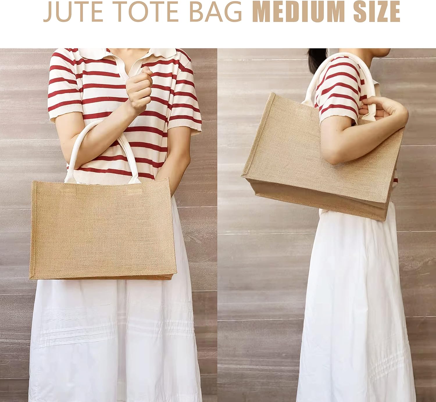 Bolsas de playa de yute, 14.5 x 6.7 x 10.2 pulgadas, paquete de 6 bolsas de arpillera con asas, bolsas de comestibles Resuabale, bolsas de dama de