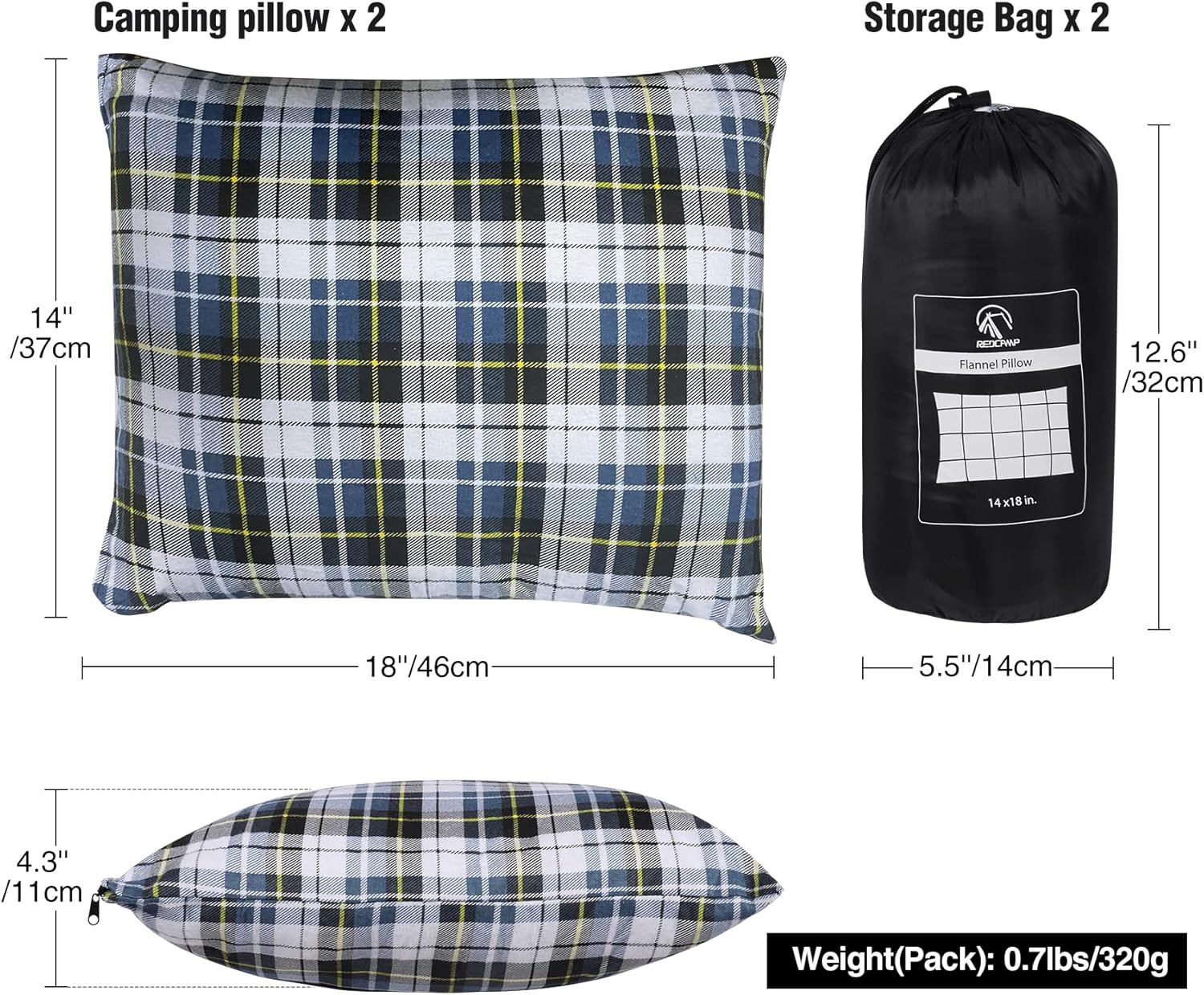 REDCAMP Almohada pequeña de camping ligera y comprimible, 2 almohadas de viaje de franela con funda de almohada extraíble