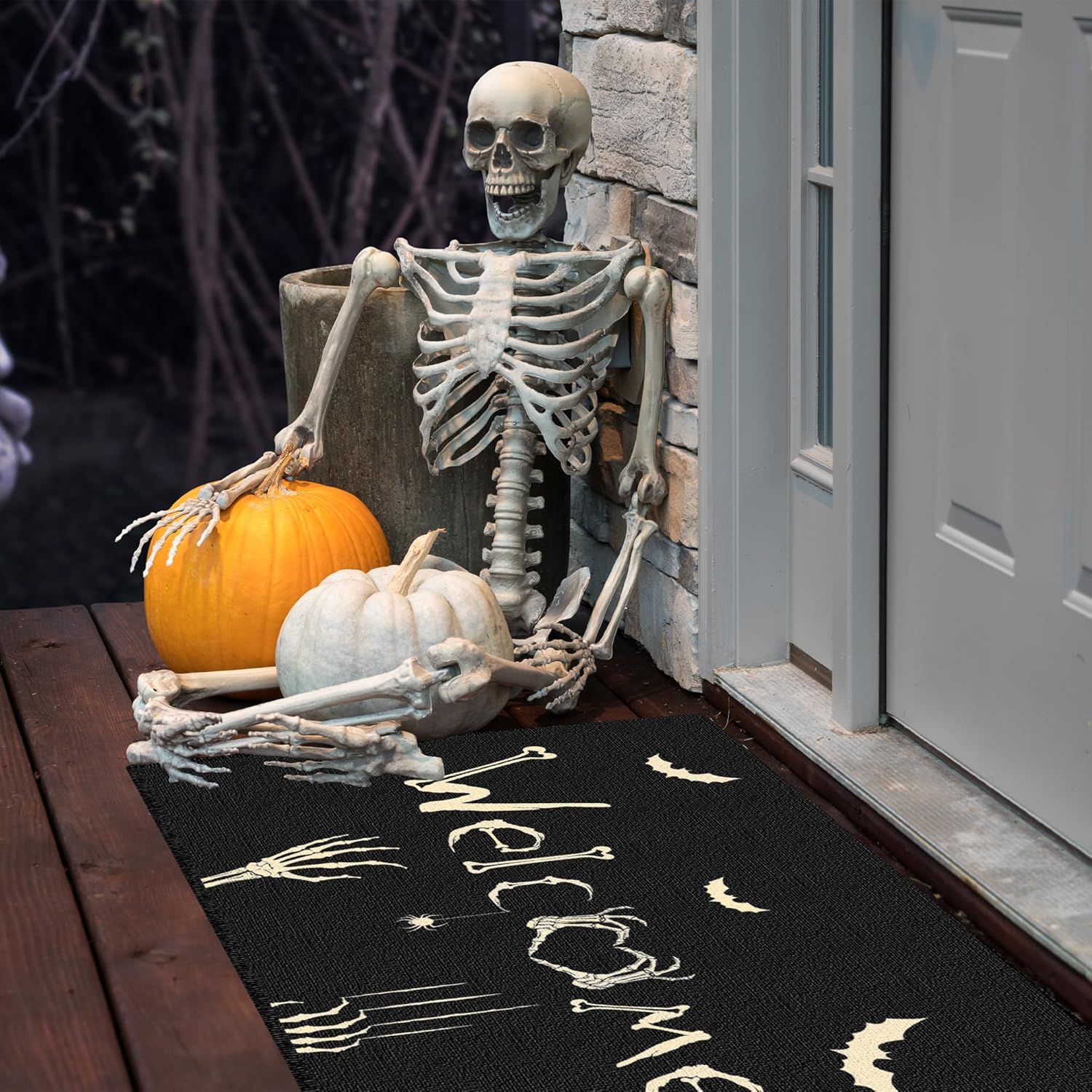 Tapete de puerta de Halloween para interiores y exteriores, decoración de Halloween, antideslizante, divertida decoración de calavera para
