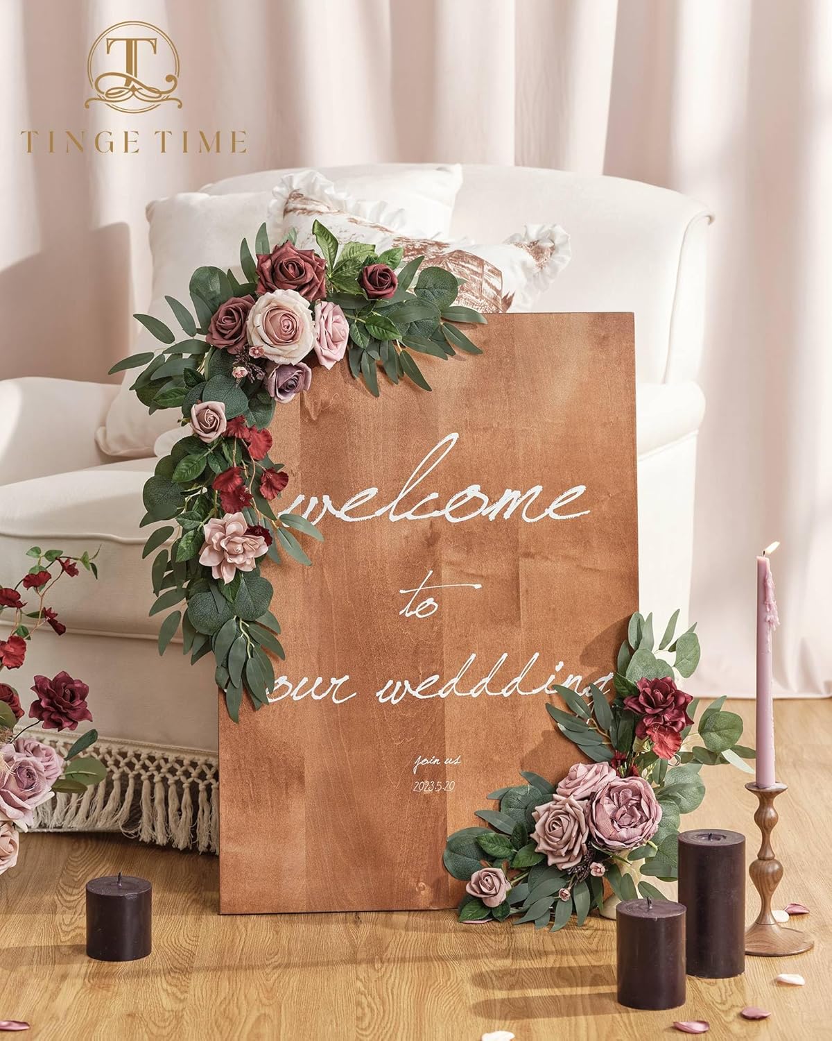 TINGE TIME Kit de guirnaldas de flores artificiales para boda (paquete de 2), flores de cartel de ceremonia de bienvenida para bricolaje, arreglos
