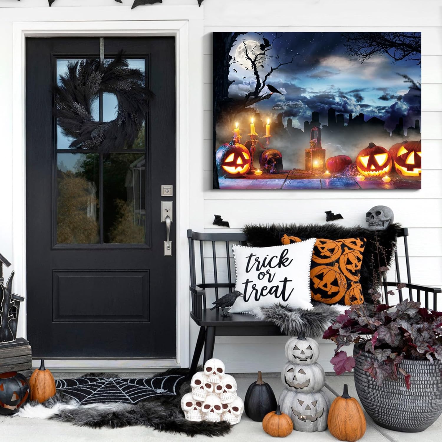 Denozer – Lienzo decorativo para pared con imágenes temáticas de Halloween, decoración de pared de calabaza iluminada, decoración de pared del hogar