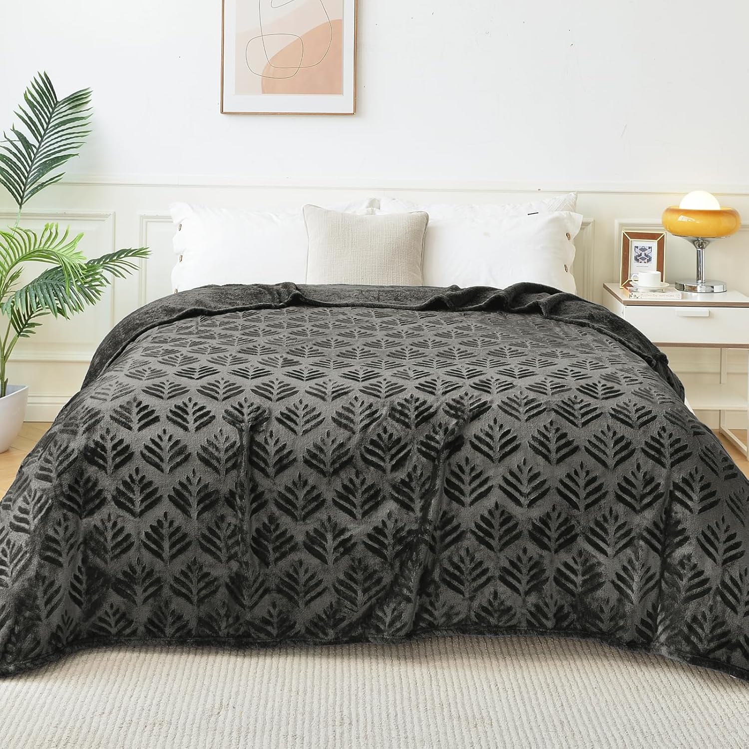 Exclusivo Mezcla Manta de forro polar para sofá, mantas súper suaves y acogedoras para todas las estaciones, patrón de hojas, felpa ligera, gris
