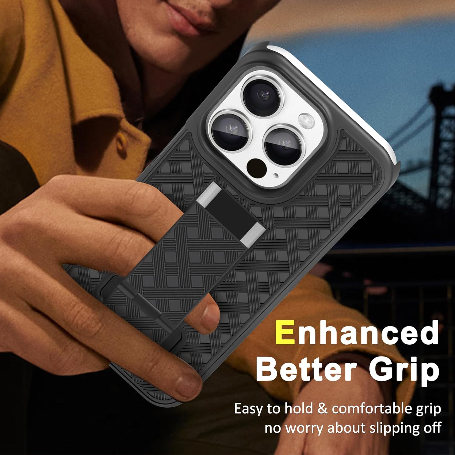 Fingic Funda para iPhone 15 Pro con funda con clip para cinturón Carcasa delgada combinada con soporte giratorio para cinturón con clip para