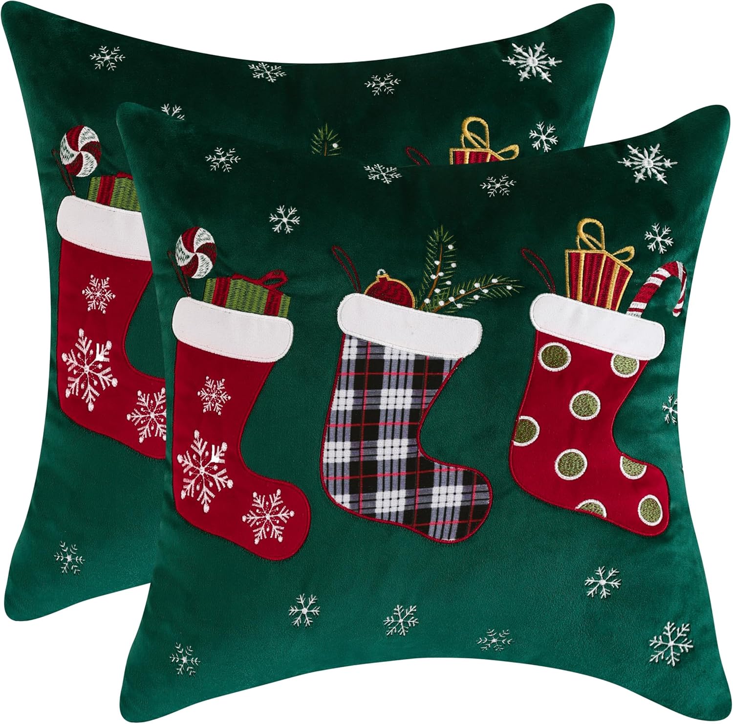 Tosleo Juego de 2 fundas de almohada de color verde de Navidad de 18 x 18 pulgadas, fundas de almohada bordadas de copo de nieve, decoraciones de