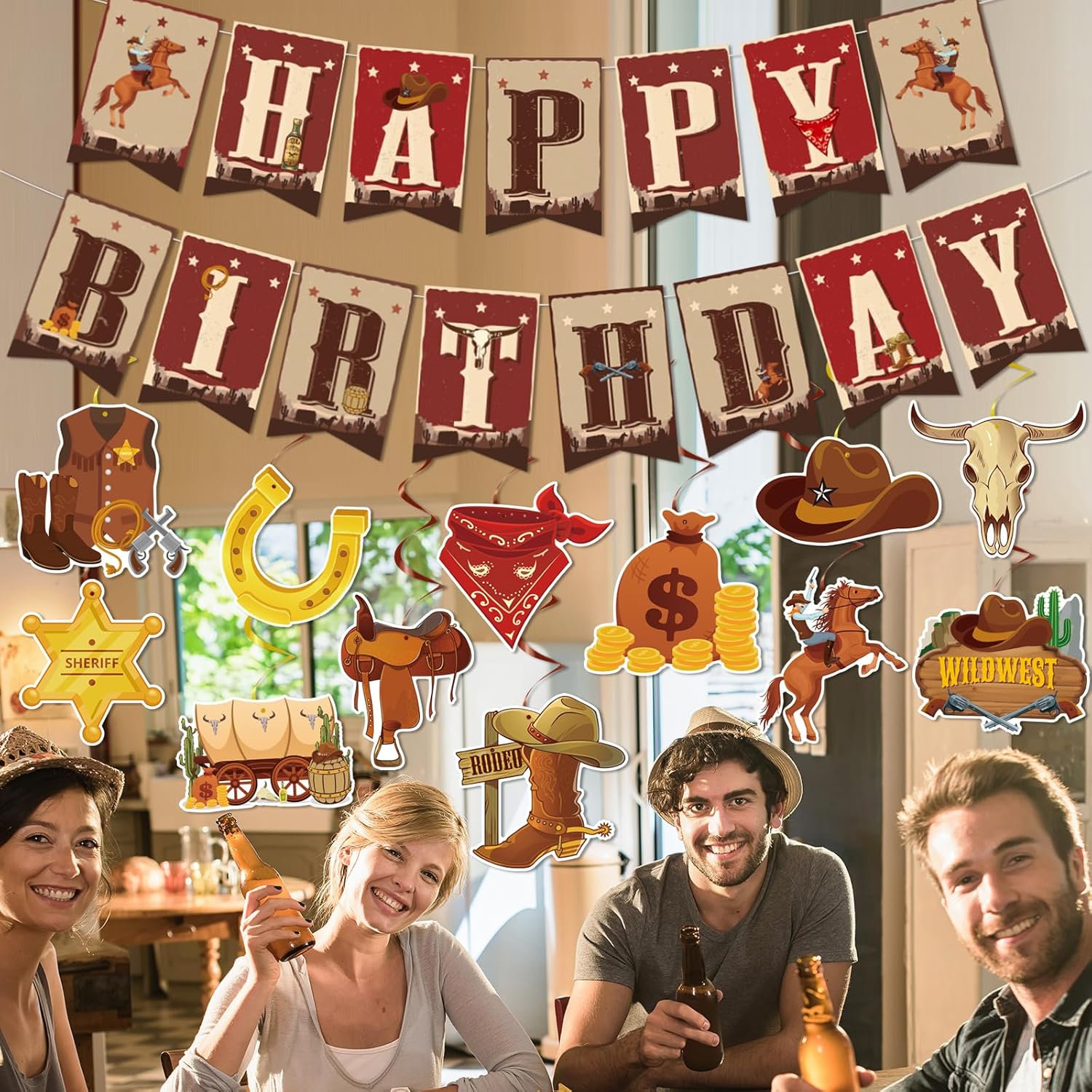 Decoraciones de fiesta de cumpleaños de vaquero, 29 piezas de remolinos colgantes occidentales, decoraciones de fiesta de cumpleaños, remolinos