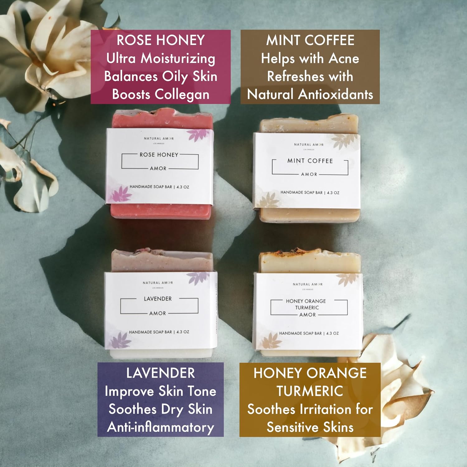 Natural Amor- Juego de barra de jabón orgánica hecha a mano (paquete de 4), hecha con todos los ingredientes naturales, jabón perfumado de aceites