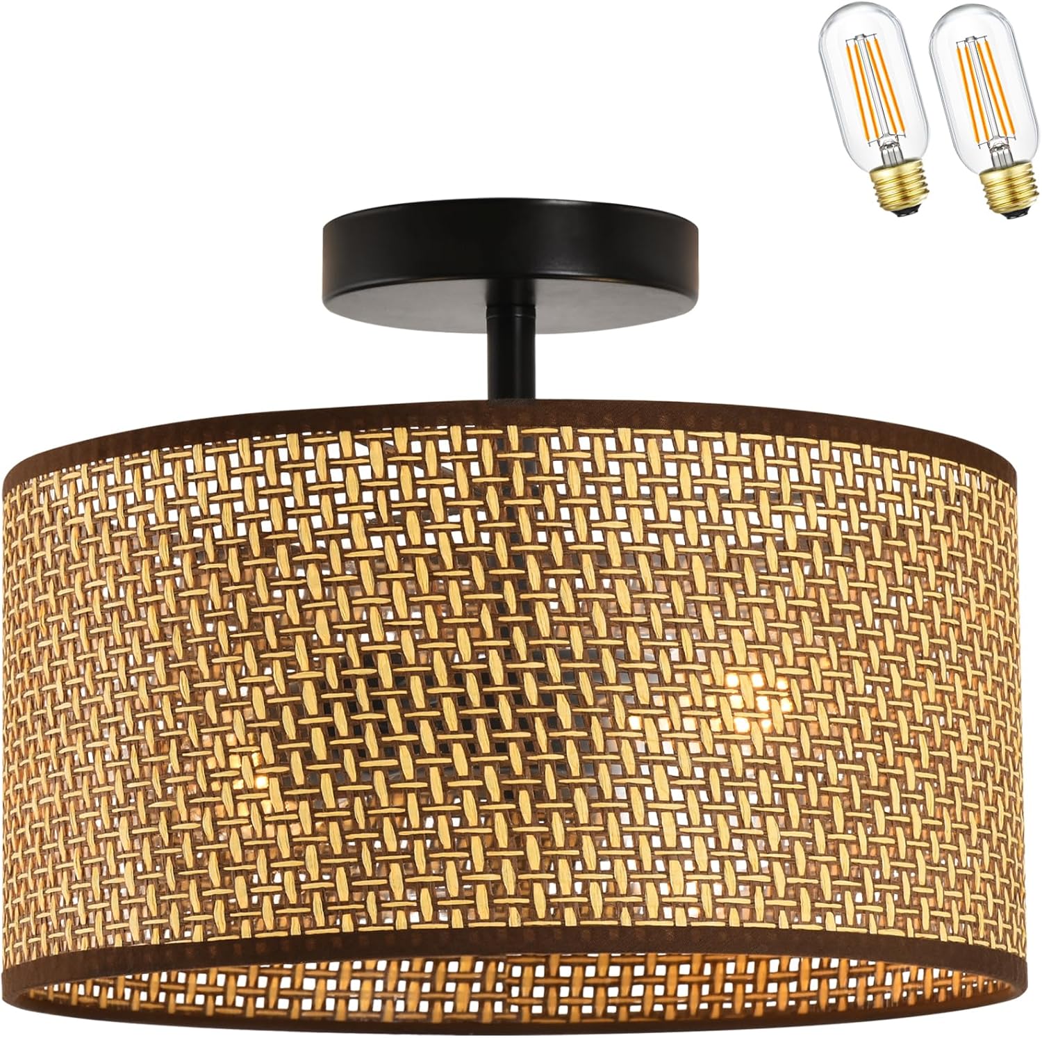 XININSUN Lámpara de techo semiempotrada, moderna lámpara de ratán de 2 luces, accesorio de iluminación de granja con pantalla de bambú tejida,