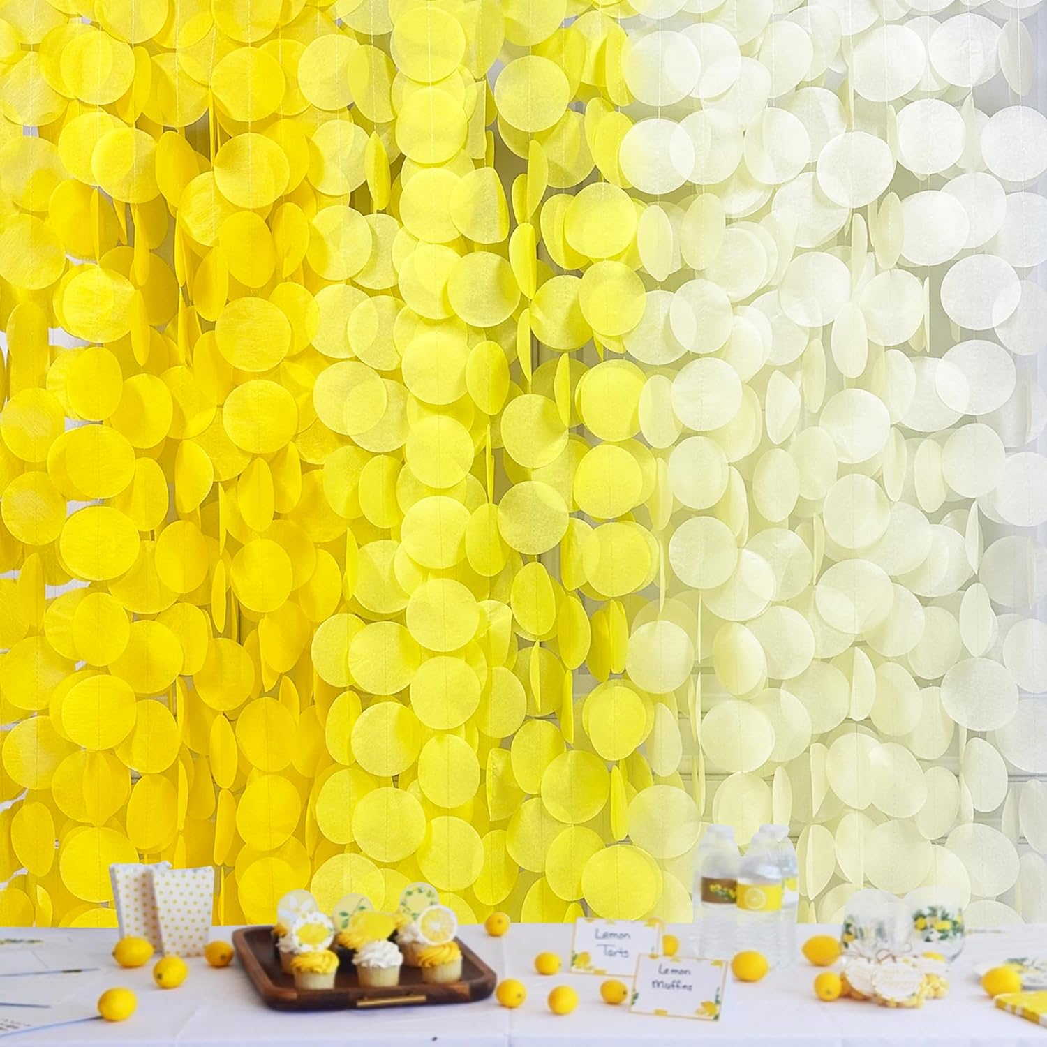 Decoraciones de fiesta amarillas de 192 pies, color amarillo degradado, blanco, telón de fondo de lunares grandes, serpentina, papel de seda
