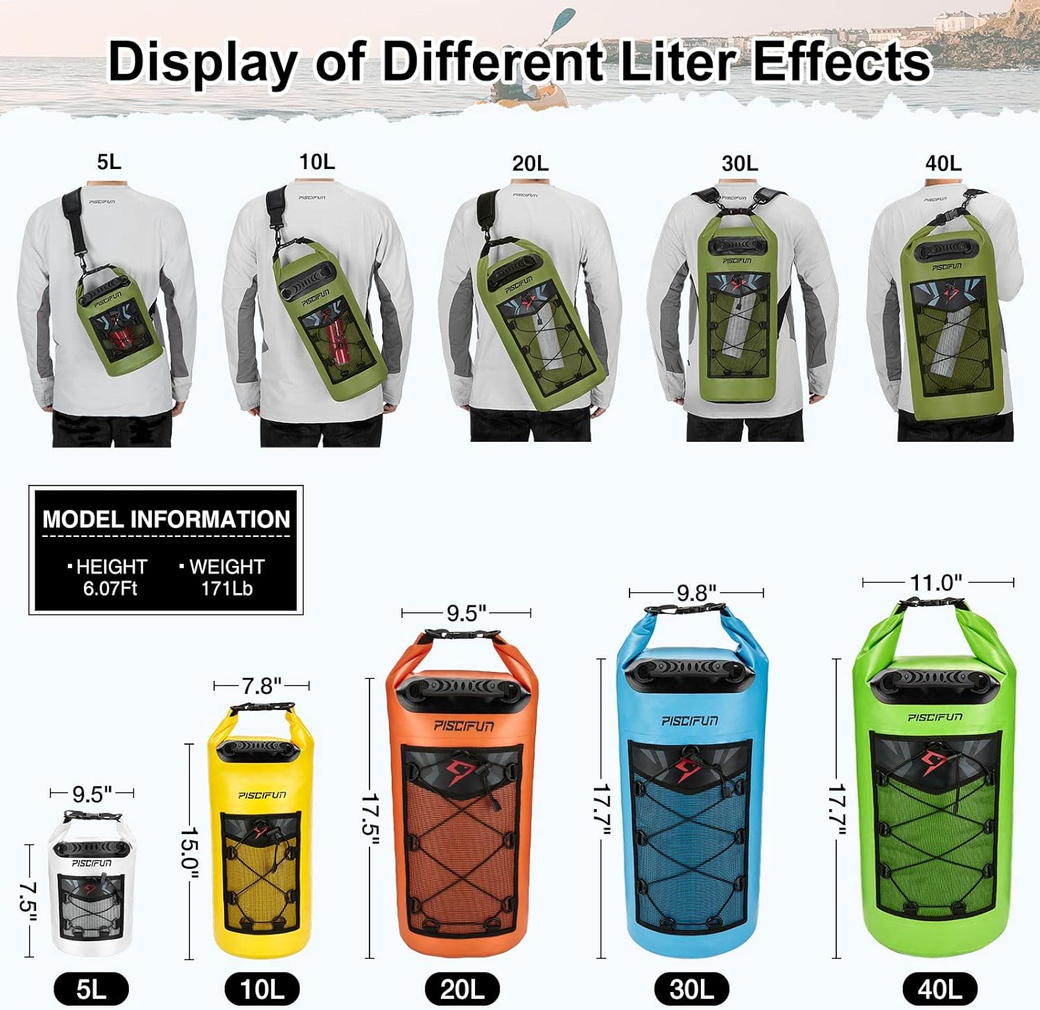 Piscifun – Mochila seca flotante e impermeable, 510203040 L, con funda impermeable para teléfono, para kayak, canotaje, surf, rafting y pesca