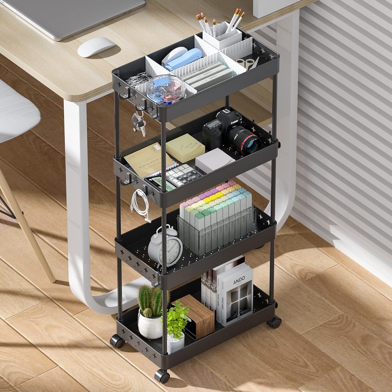 KINGRACK Carrito utilitario rodante de 4 niveles, carrito de arte de almacenamiento para manualidades con divisores ajustables, carrito de servicio