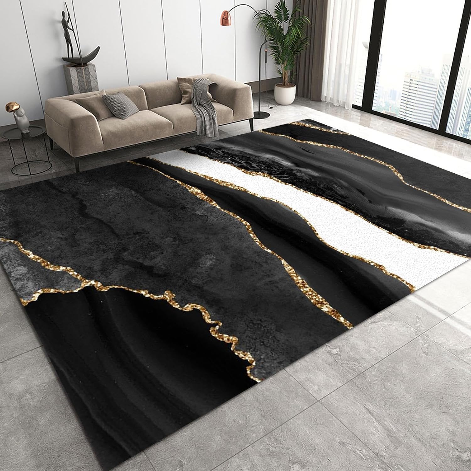 Alfombra decorativa para sala de estar, con textura de mármol blanco y negro, 3 x 4 pies, alfombra de lujo ligera con rayas doradas, esponjosa,