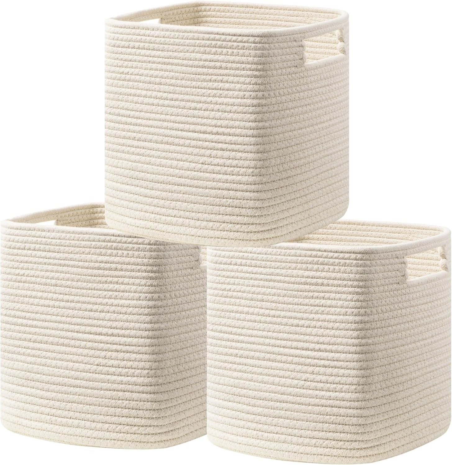 UBBCARE Juego de 3 cestas de cuerda de algodón de 13 x 13 x 13 pulgadas, cestas de almacenamiento tejidas para estantes, organización con asas,