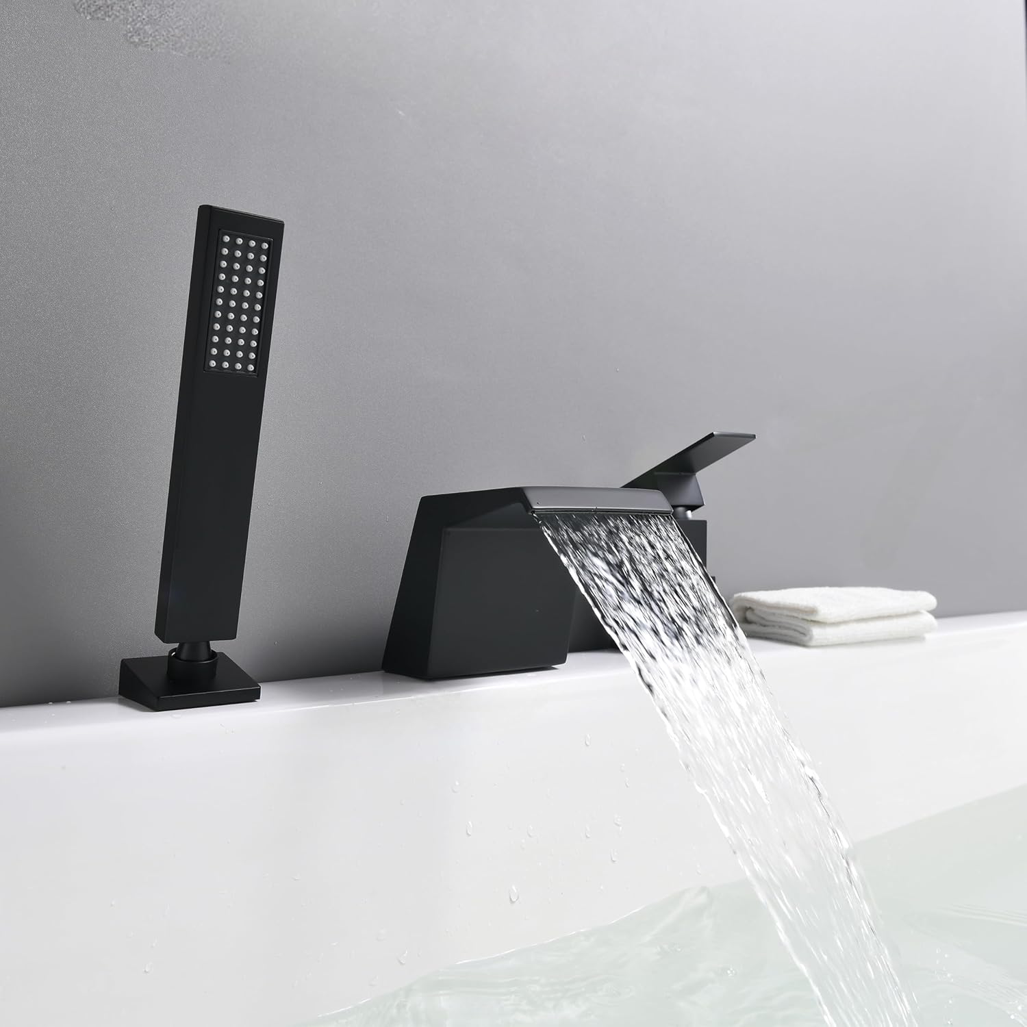LIWEIKE Grifo de bañera romano con pulverizador, grifo de bañera romano negro mate, montaje en cubierta, juego de grifo de bañera de 3 agujeros con