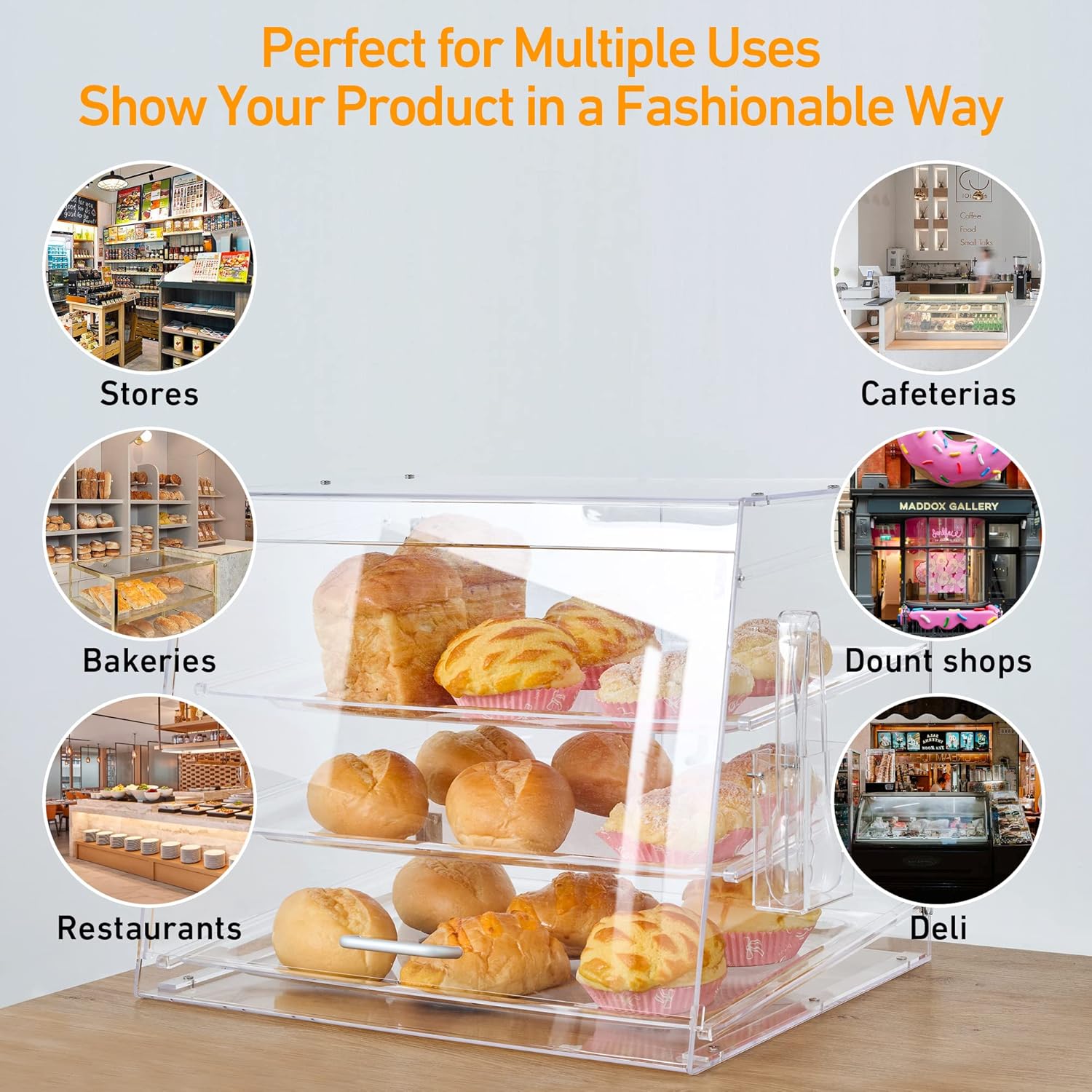 vitrina de pastelería de 3 niveles, vitrina de panadería extraíble con pinza para pan, vitrina de galletas de encimera comercial, acceso a la puerta