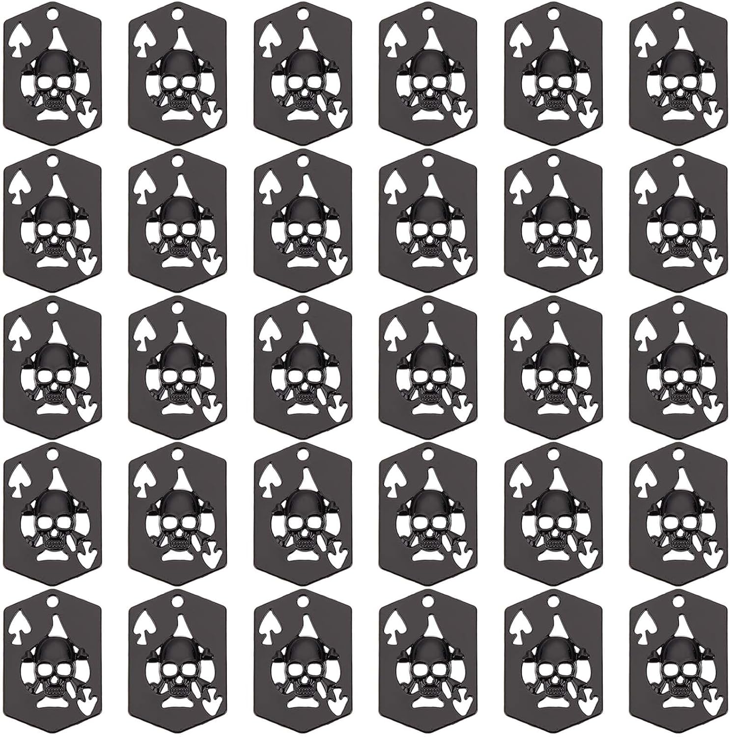 SUNNYCLUE 1 caja de 30 dijes negros de estilo gótico de Halloween, diseño de calavera, cabeza de esqueleto, póker, as de espadas, cartas huecas de