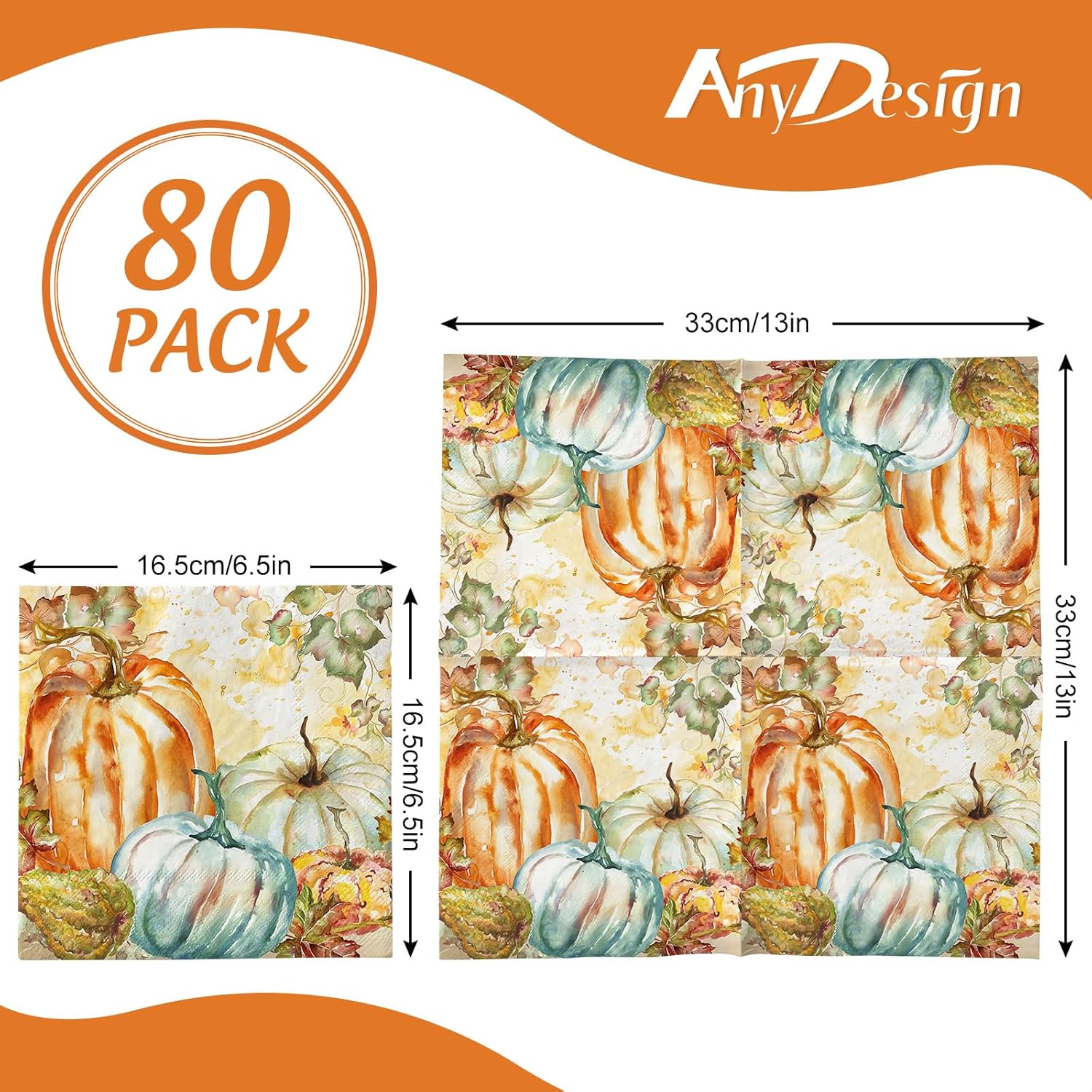 AnyDesign Servilletas de papel de calabaza de otoño, 80 servilletas de papel de calabaza con hojas de arce de 6.5 x 6.5 pulgadas, servilletas de